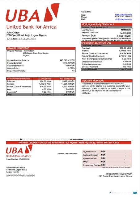 Download Nigeria United Bank for Africa mortgage statement Word and PDF template Photoshop template